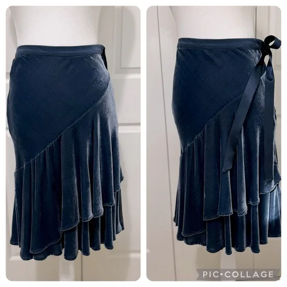 Nougat London Blue Velvet Ruffle Skirt Satin Ribbon Tie Small